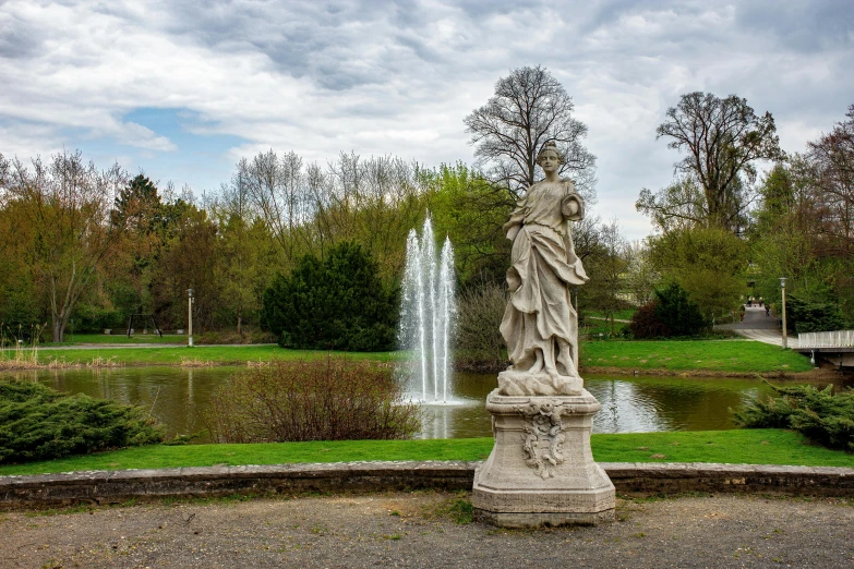 a statue of a woman standing next to a fountain, inspired by Serafino De Tivoli, pexels contest winner, rococo, in a serene landscape, detmold charles maurice, terraced orchards and ponds, grey