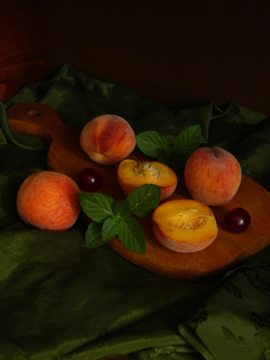 a plate of peaches and cherries on a green cloth, a still life, by Alison Geissler, unsplash contest winner, lighting chiaroscuro, digital ilustration, medium format. soft light, historical photo