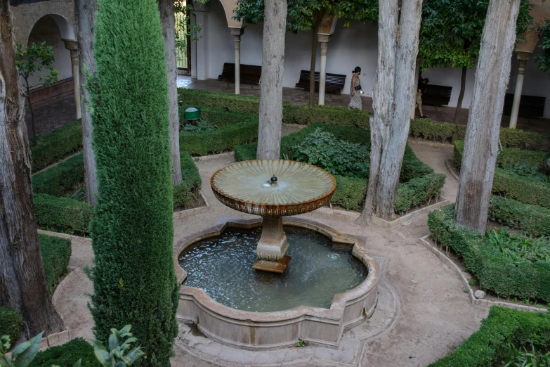 a fountain in a courtyard surrounded by trees, inspired by Luis Paret y Alcazar, unsplash, demna gvasalia, islamic, 2 5 6 x 2 5 6 pixels, garden at home