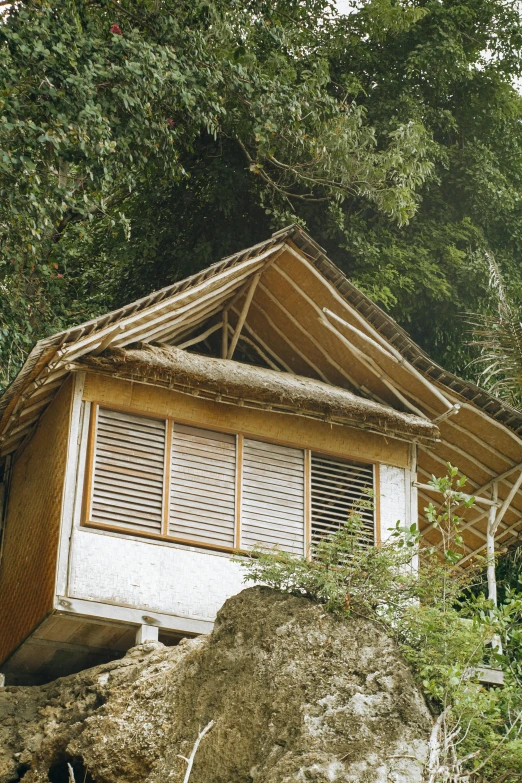 a house sitting on top of a large rock, sumatraism, low ceiling, bamboo, close - up photograph, chalet