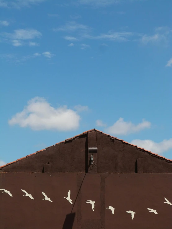 a building with birds painted on the side of it, unsplash, postminimalism, chocolate, few clouds, leica s photograph, roofs