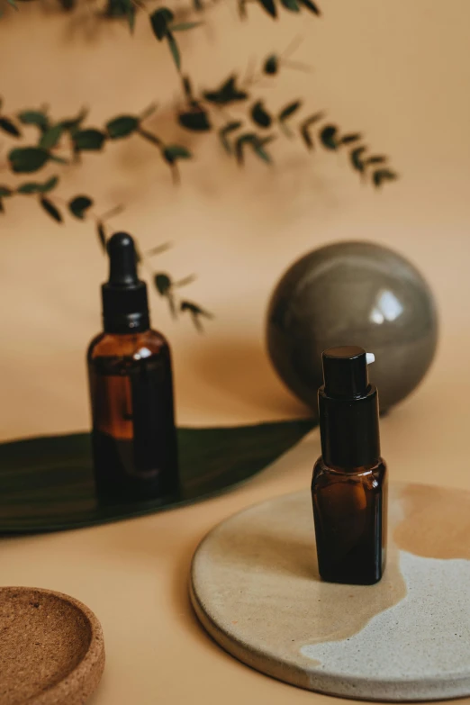 a couple of bottles sitting on top of a table, by Emma Andijewska, trending on pexels, lush greens, brown resin, zen aesthetic, thumbnail