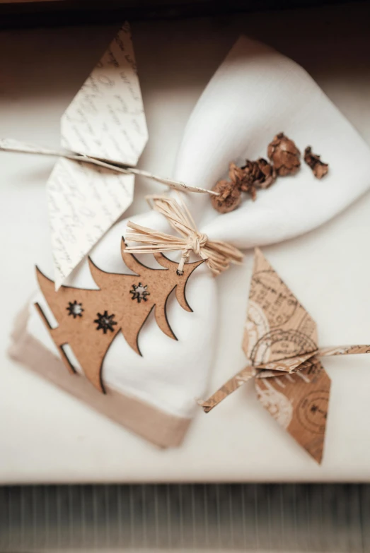 a close up of a gift wrapped in brown paper, by Sylvia Wishart, unsplash, folk art, white ceramic shapes, props containing trees, pair of keycards on table, laser cut textures