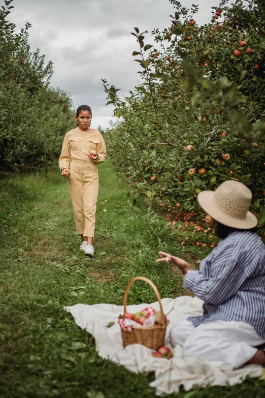 a woman sitting on a blanket next to a basket of apples, by Jessie Algie, pexels contest winner, wearing human air force jumpsuit, walking at the garden, woman holding another woman, wearing a light - pink suit