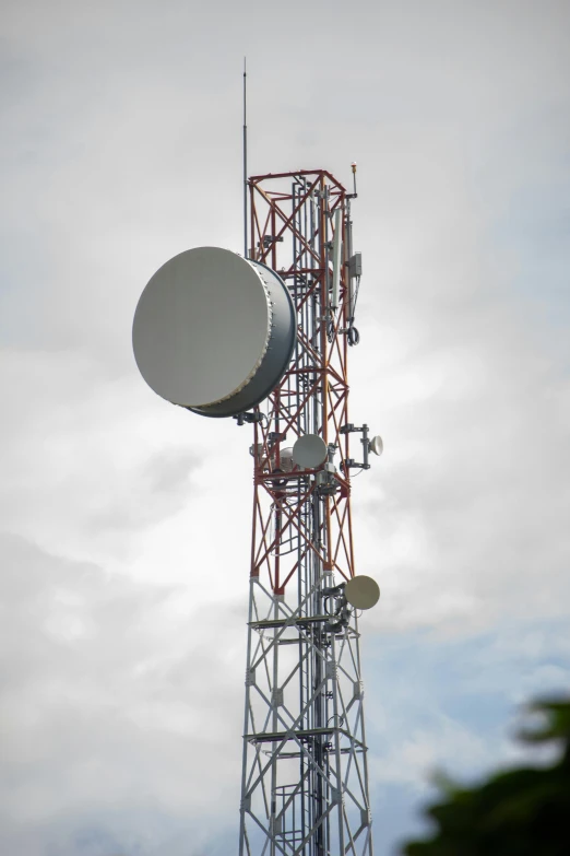 a close up of a cell tower with a sky background, a cartoon, flickr, satellite dishes, high quality photo, 2806927615, spherical