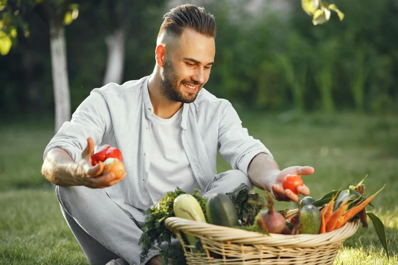 a man sitting in the grass with a basket of vegetables, profile image