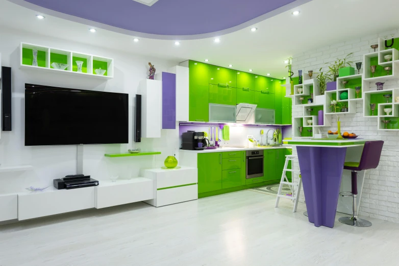 a living room filled with furniture and a flat screen tv, inspired by An Gyeon, pexels, light and space, rim lights purple and green, small kitchen, green colored theme, profile pic