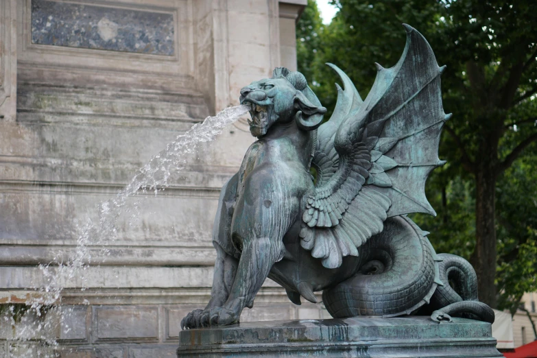 a statue of a dragon on top of a fountain, by Adam Szentpétery, pexels contest winner, art nouveau, reginald marsh, on a great neoclassical square, parce sepulto, drinking