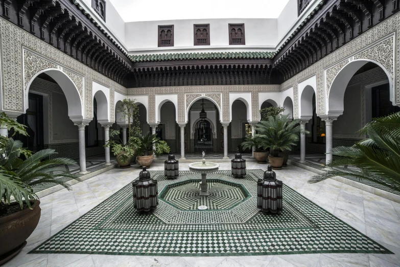 a courtyard with a fountain and potted plants, a mosaic, inspired by Riad Beyrouti, pexels contest winner, arabesque, white sweeping arches, 2 5 6 x 2 5 6 pixels, the palace of ai, silver