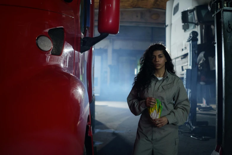 a woman standing next to a red fire hydrant, inspired by Elsa Bleda, photorealism, chappie in an adidas track suit, in a warehouse, mia khalifa, serving fries