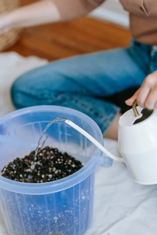 a woman pours water into a container filled with blackberries, by Julia Pishtar, trending on unsplash, unique pot made for houseplants, water on the floor, seeds, white with black spots