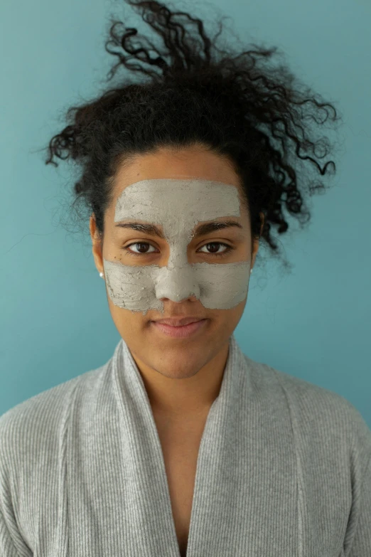 a woman with a facial mask on her face, inspired by Jean-Étienne Liotard, reddit, square, ready to model, detailed product image, grey