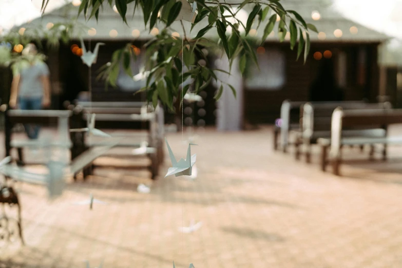 a bunch of paper cranes hanging from a tree, trending on unsplash, benches, silver，ivory, wedding, indoor setting