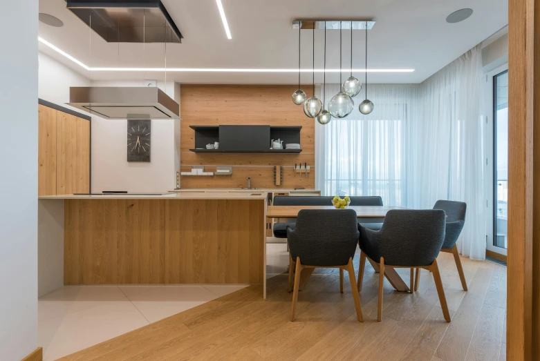 a dining room with a wooden table and chairs, by Adam Marczyński, pexels contest winner, light and space, luxury condo interior, wood cabinets, suspended ceiling, modern minimalist f 2 0