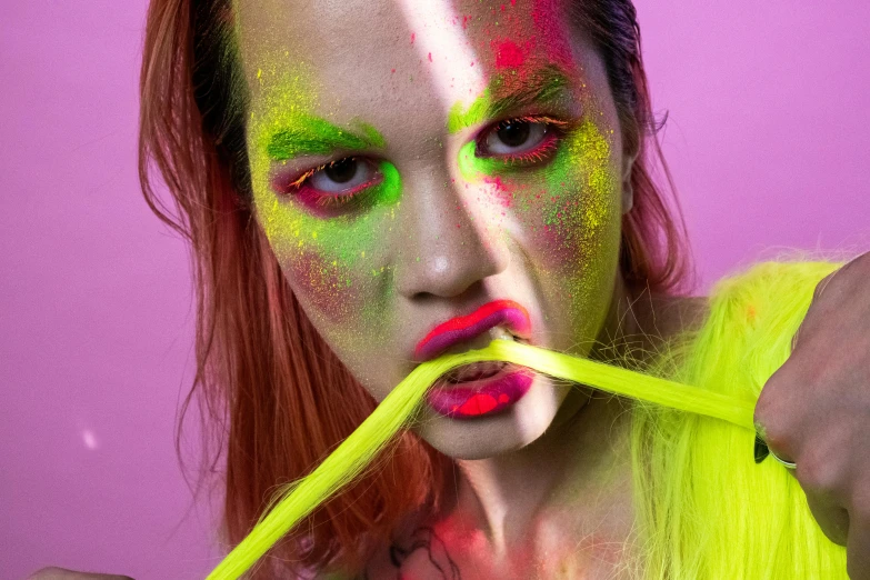 a close up of a person brushing their teeth, a portrait, inspired by Bert Stern, synchromism, neon face paint, fantasy photoshoot, dirty colours, photo from a promo shoot