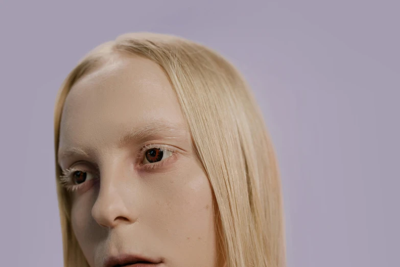 a close up of a person with blonde hair, inspired by Vanessa Beecroft, trending on pexels, on a pale background, humanoid flora, white around right eye, boy thin face