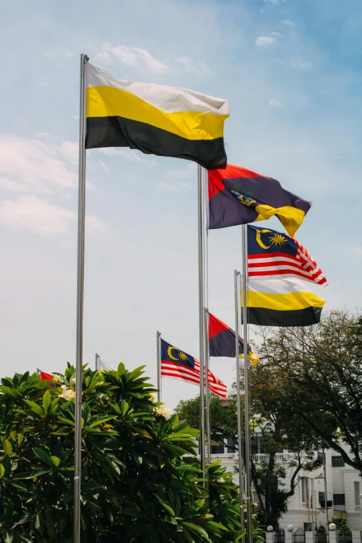 a bunch of flags that are flying in the air, inspired by Nil Gleyen, hurufiyya, kuala lumpur, side view from afar, square, exterior shot