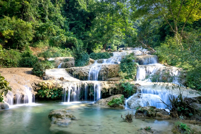 a waterfall in the middle of a lush green forest, an album cover, inspired by Lam Qua, pexels contest winner, sumatraism, white travertine terraces, panoramic, laos, avatar image