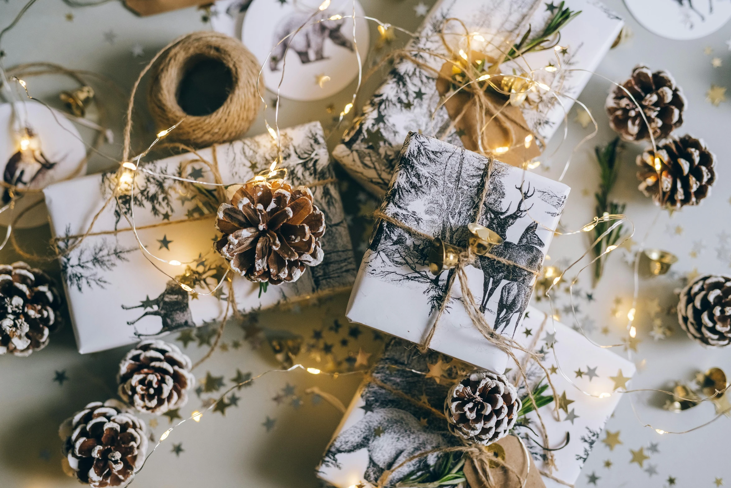 presents wrapped in twine and twined with twine of twine, pine cones, and twine of twine of twine, trending on pexels, glittering stars scattered about, botanical herbarium paper, magical lights, tie-dye