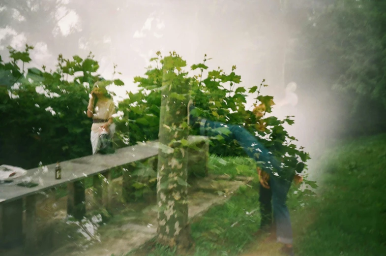 a couple of people standing on top of a lush green field, a picture, by Nathalie Rattner, conceptual art, damaged vine bridge, 35mm double-exposure photo, ((mist)), in a garden