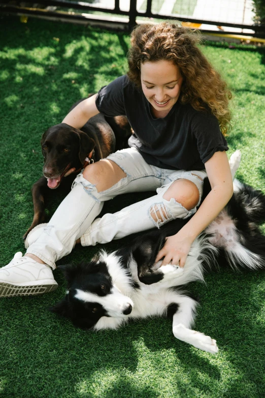 a woman sitting on the ground with two dogs, pexels contest winner, lush lawn, casual game, brunette, aussie