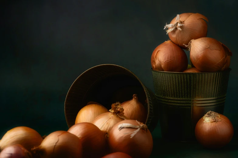 a bucket of onions sitting next to a bucket of onions, inspired by Caravaggio, trending on unsplash, hyperrealism, studio medium format photograph, brown, idyllic, soft light - n 9
