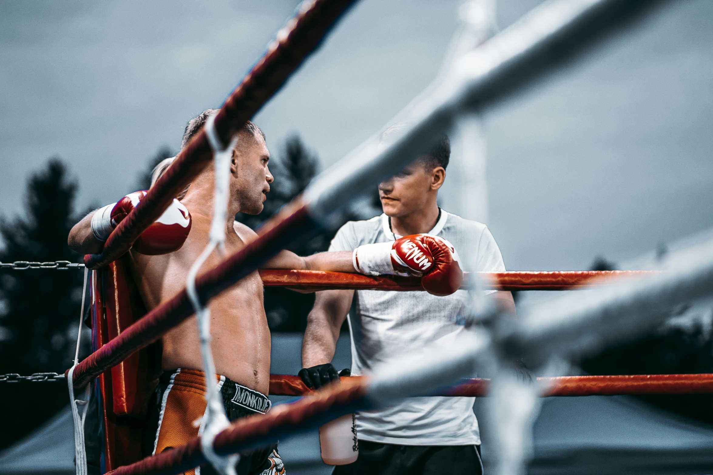 two men standing next to each other in a boxing ring, by Joe Bowler, pexels contest winner, profile image, nature photo, thumbnail, talking