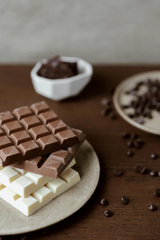 a plate that has some kind of chocolate on it, a still life, by Yasushi Sugiyama, unsplash, squares, soft white glow, peru, mediterranean