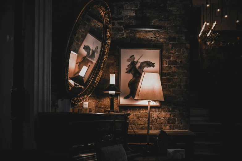 a lamp sitting on top of a table next to a piano, poster art, by Adam Marczyński, pexels contest winner, looking into a mirror, saturday night in a saloon, southern gothic art, a cozy old victorian loft