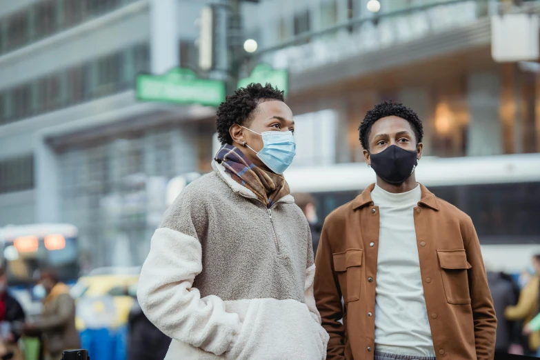 a couple of men standing next to each other, trending on pexels, renaissance, wearing facemask, air pollution, black people, avatar image