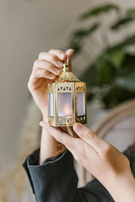 a close up of a person holding a small lantern, arabesque, metallic brass accessories, light scatter, botanicals, product introduction photo