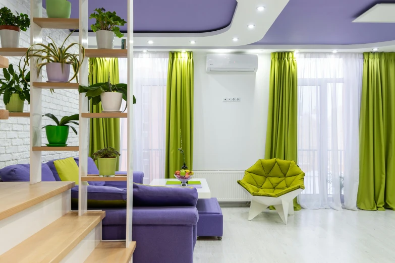 a living room filled with furniture and green curtains, pexels contest winner, light and space, violet color scheme, neo kyiv, white ceiling, electric colors