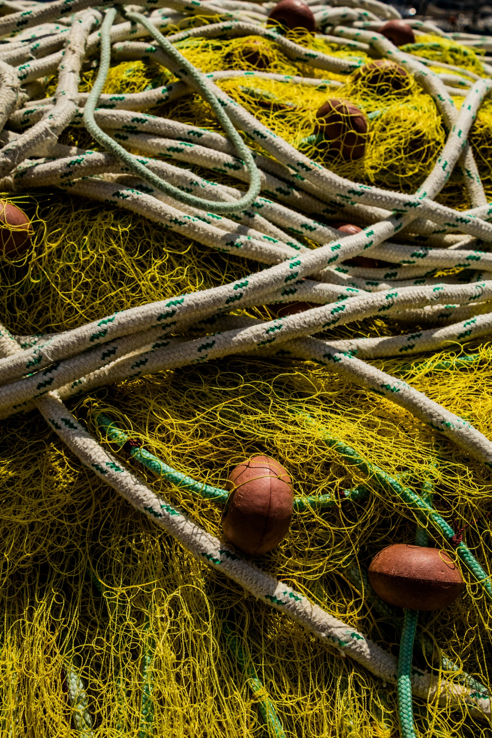 a pile of fishing nets sitting on top of a beach, an album cover, inspired by Patrick Dougherty, unsplash, acorns, high angle close up shot, harnesses, graphs