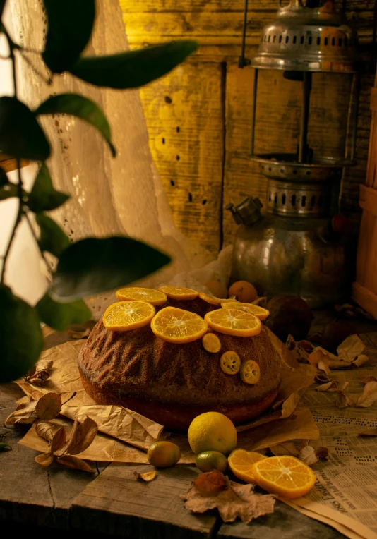 a cake sitting on top of a wooden table, a still life, inspired by Georges de La Tour, pexels contest winner, lemons, in an ancient altar, orange halo, old kitchen backdrop angled view