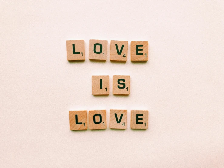 the words love is love spelled in scrabbles, an album cover, trending on pexels, aestheticism, on a pale background, background image, 1 6 x 1 6, felt