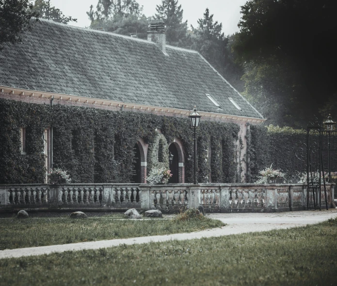 a black and white photo of a house, a colorized photo, by Harry Haenigsen, pexels contest winner, romanesque, misty garden, dusty library, captured in low light, bathhouse