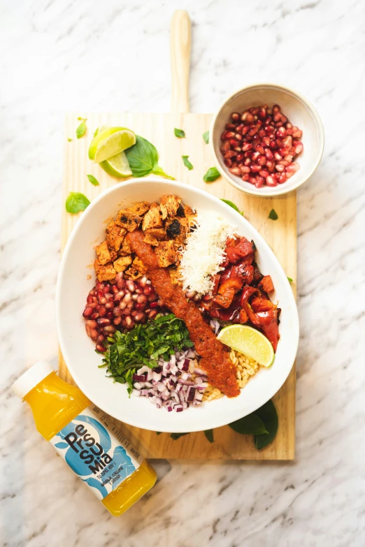 a bowl of food sitting on top of a wooden cutting board, a picture, dau-al-set, epic vibrant, white bg, thumbnail, ingredients on the table