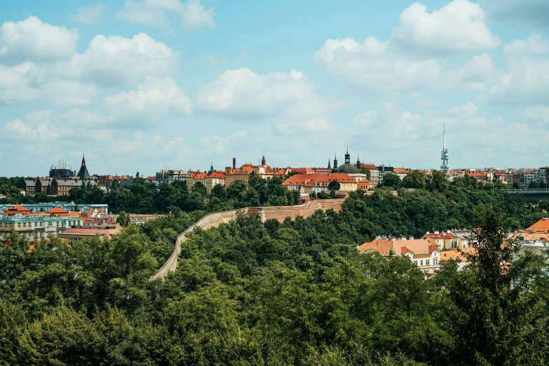 a view of a city from the top of a hill, by Adam Marczyński, pexels contest winner, renaissance, trees in background, slide show, zdzislaw bekinski, on a bright day