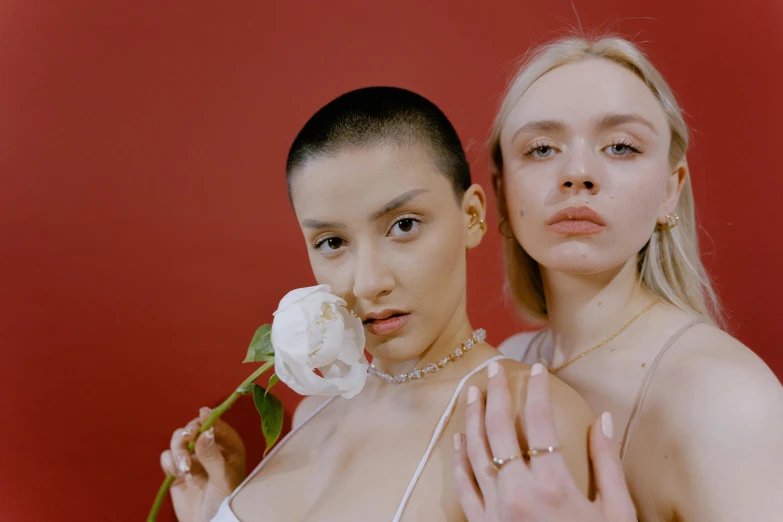 a couple of women standing next to each other, inspired by Elsa Bleda, trending on pexels, aestheticism, white and red roses, shaved temple, kiko mizuhara, jewelry pearls