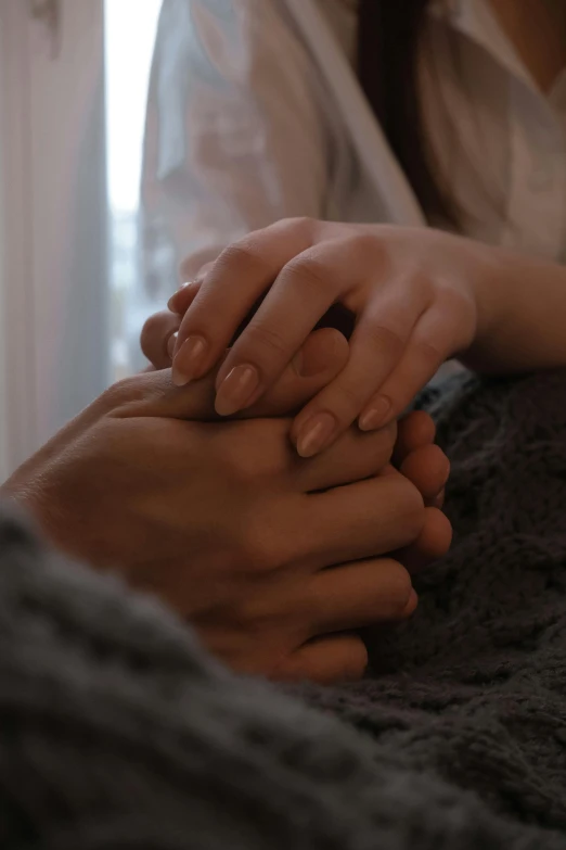 a close up of a person holding a person's hand, soft light 8 k, multiple stories, amanda lilleston, large)}]