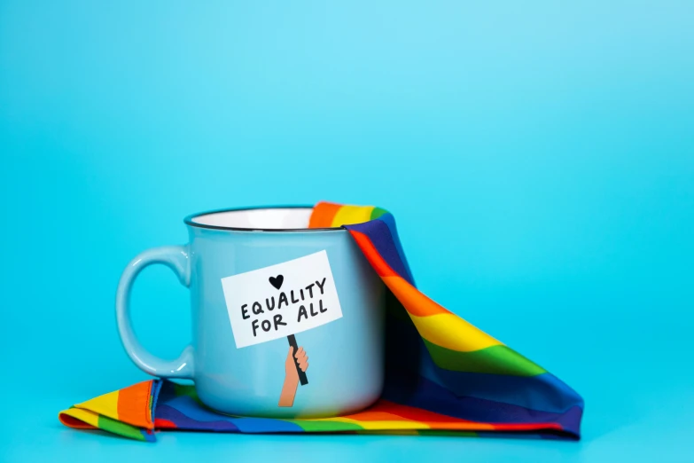 a mug with equality for all written on it, an album cover, shutterstock, gay, decoration, blue themed, flag