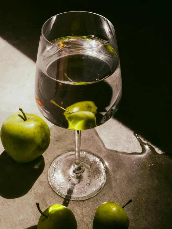 a glass of wine and some green apples, inspired by Elsa Bleda, pexels contest winner, lo fi, mid view, olive oil, dark-skinned