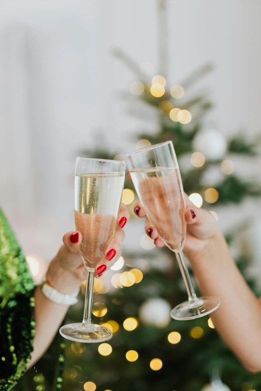 two women toasting champagne glasses in front of a christmas tree, by Julia Pishtar, zoomed in, premium, graphic print, multiple stories