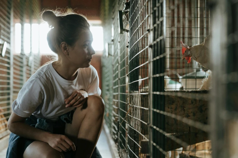 a woman crouches down to pet a chicken in a cage, pexels contest winner, looking off into the distance, australian, cinematic film still, alessio albi