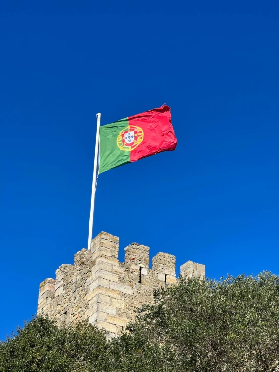 a red and green flag flying in front of a castle, portugal, profile image, 🚿🗝📝, view from bottom to top