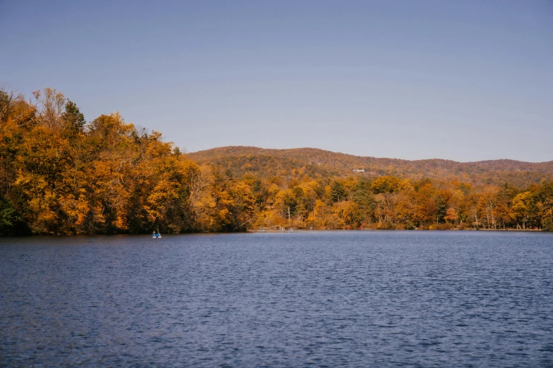 a large body of water surrounded by trees, by Carey Morris, trending on unsplash, hudson river school, autum, low quality photo, cinematic footage, digital image