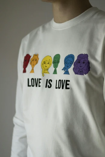 a man wearing a t - shirt that says love is love, a cartoon, inspired by Milton Glaser, featured on instagram, wearing a white sweater, in a row, wig, detail shot