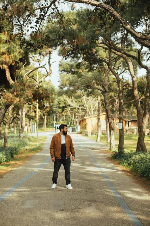 a man walking down a tree lined road, inspired by Kim Eung-hwan, pexels contest winner, portrait full body, in avila pinewood, 🚿🗝📝