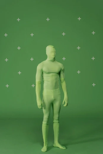 a mannequin standing in front of a green background, a raytraced image, by Attila Meszlenyi, trending on polycount, rubber undersuit, celery man, centered full-body shot, high res render
