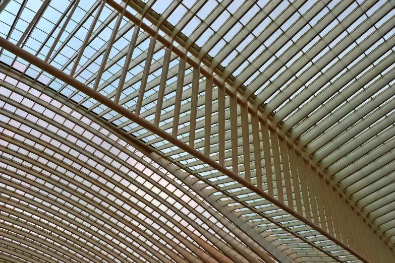 a train that is sitting inside of a train station, inspired by Andreas Gursky, flickr, op art, peaked wooden roofs, calatrava, full frame image, square